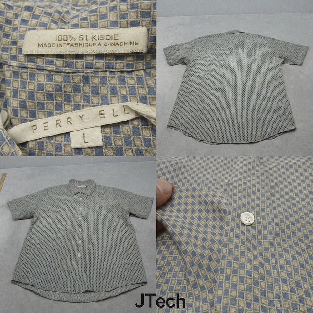 Perry Ellis Silk Shirt Mens Large Cream Blue Geometric Kayak Print Button Up